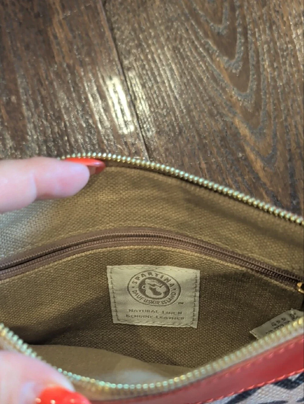 Spartina 449 Beige Canvas Wallet with Black Graphic Print and Red Trim
